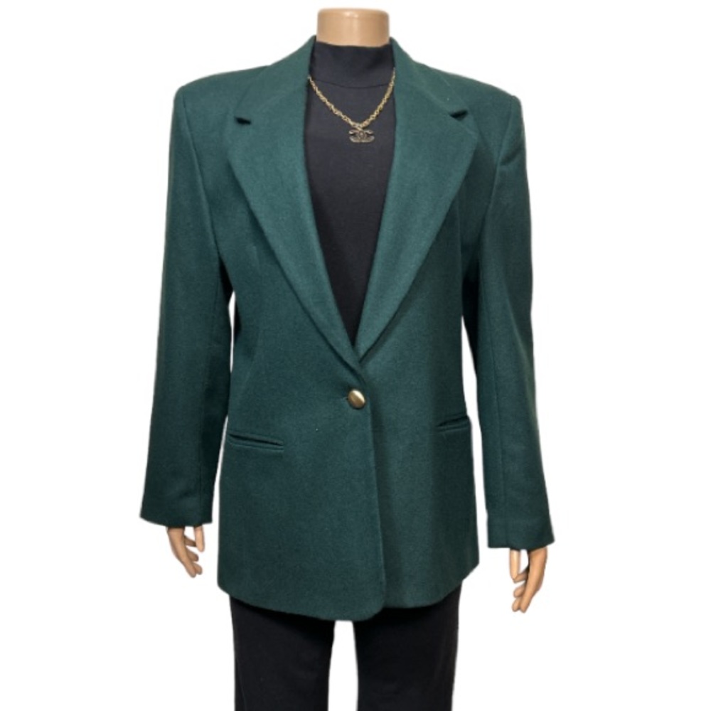 Vintage 90s Leslie Fay Blazer Wool Green single breasted shoulder pads size 14